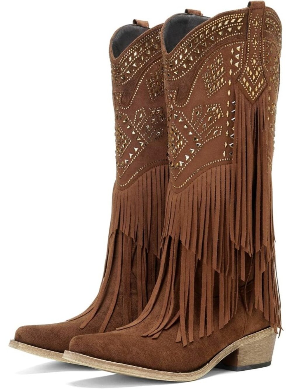 Women's Brown Suede Knee High Cowgirl Boot Fringe Rhinestone Western Chunky Heel
